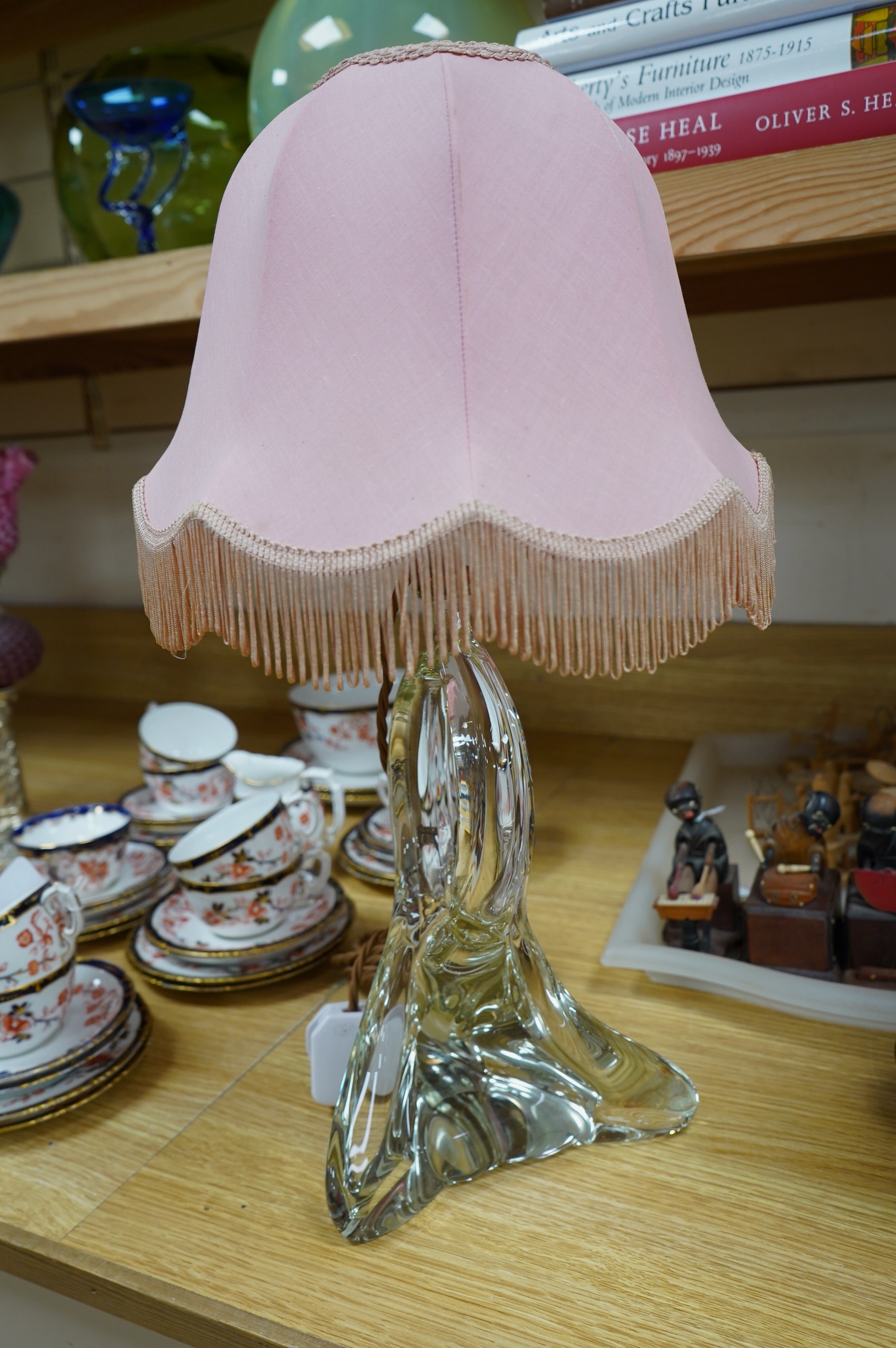 A clear crystal Murano table lamp with fabric pink shade, circa 1960's, wired, glass 28cm high, overall 50cm to top of shade. Condition, good, not tested